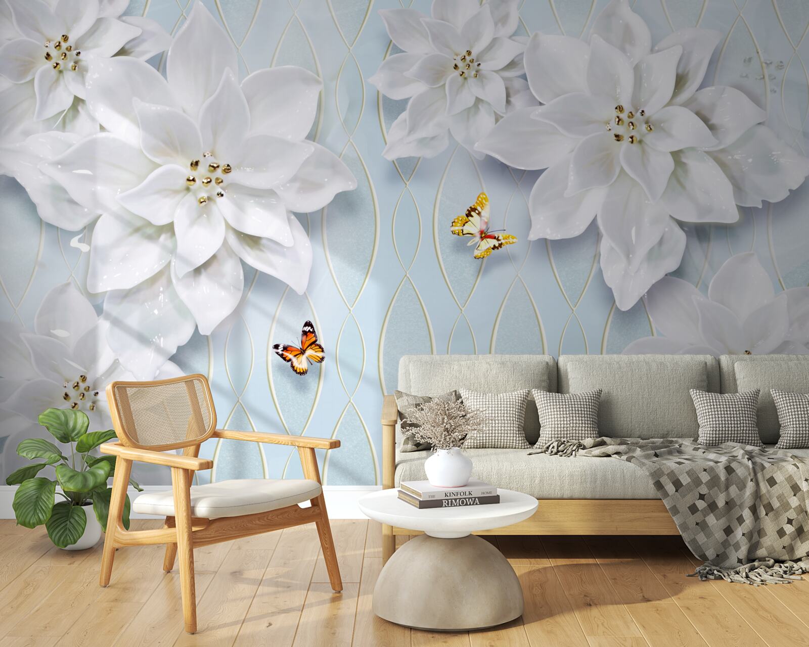 Фотошпалери Білосніжні бутони та метелики