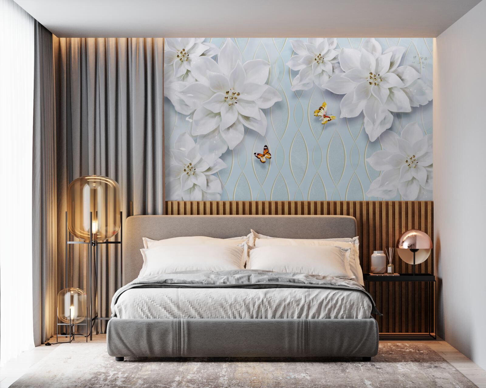 Фотошпалери Білосніжні бутони та метелики