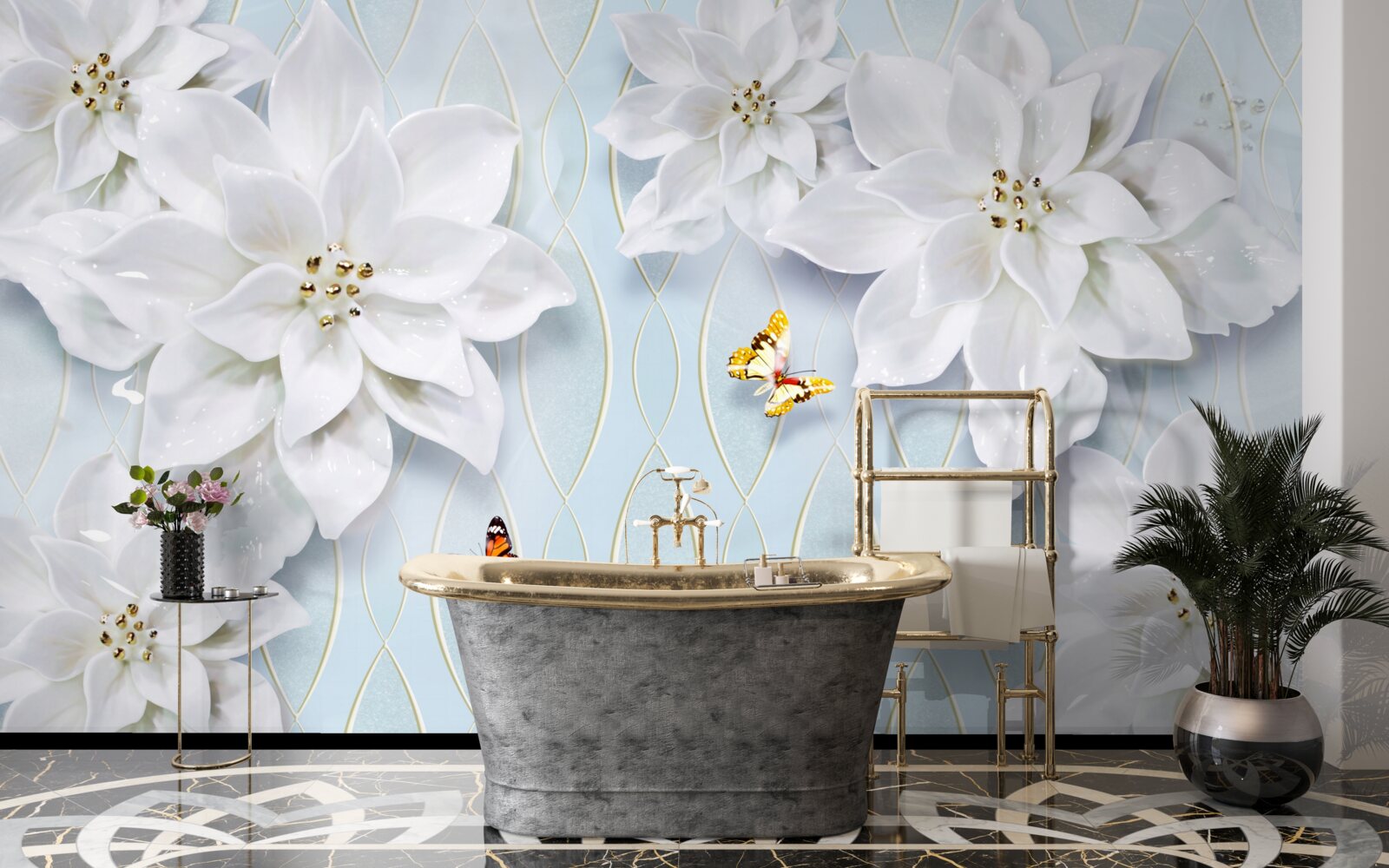 Фотошпалери Білосніжні бутони та метелики