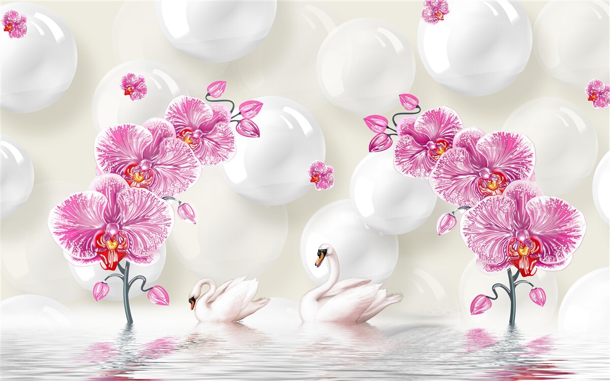 Фотошпалери бузкова магнолія та лебеді, що плавають на озері