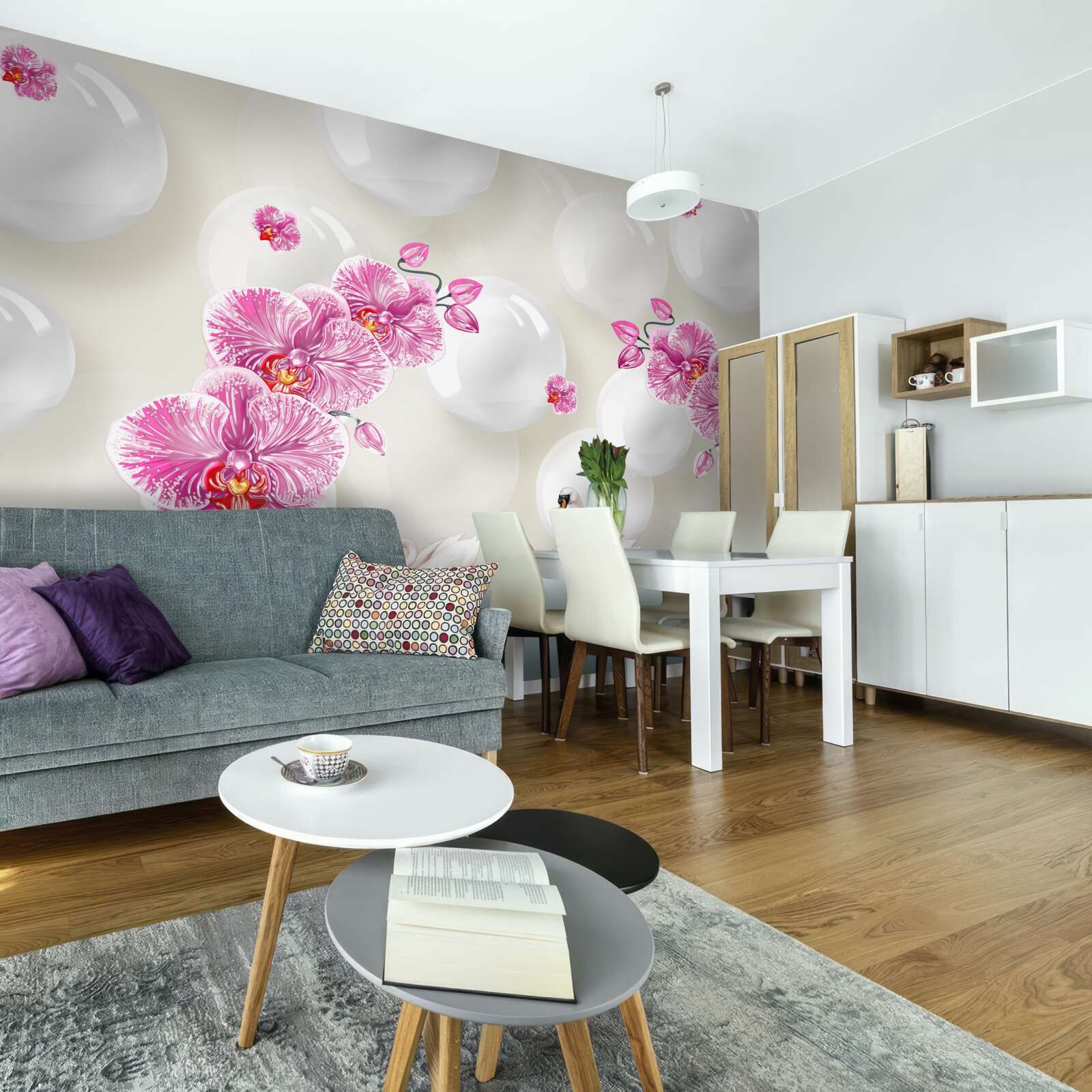 Фотошпалери бузкова магнолія та лебеді, що плавають на озері