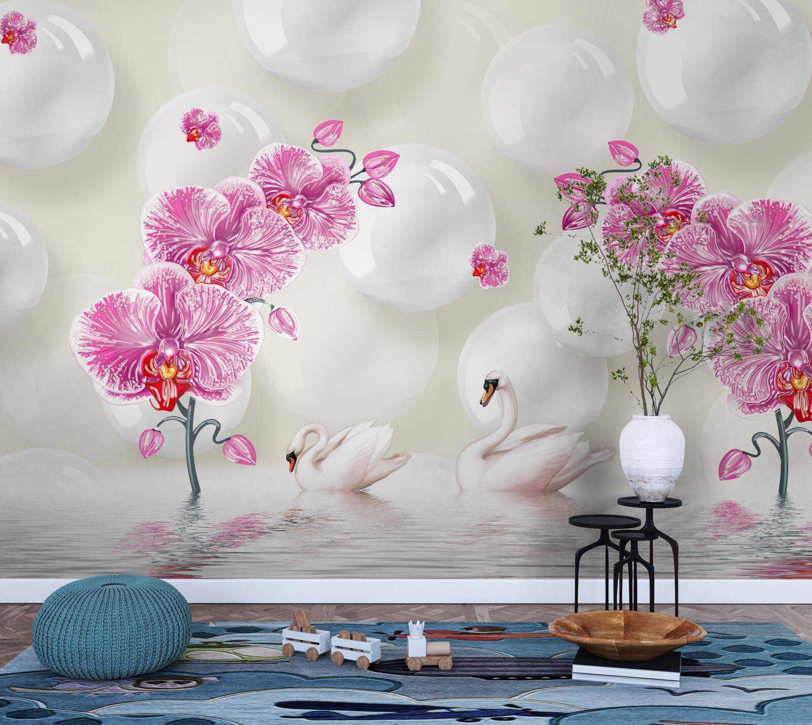 Фотошпалери бузкова магнолія та лебеді, що плавають на озері