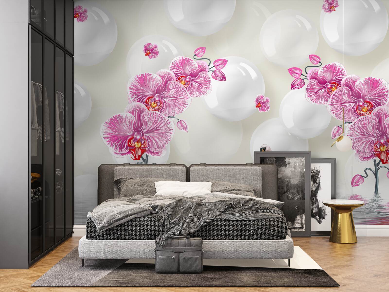 Фотошпалери бузкова магнолія та лебеді, що плавають на озері