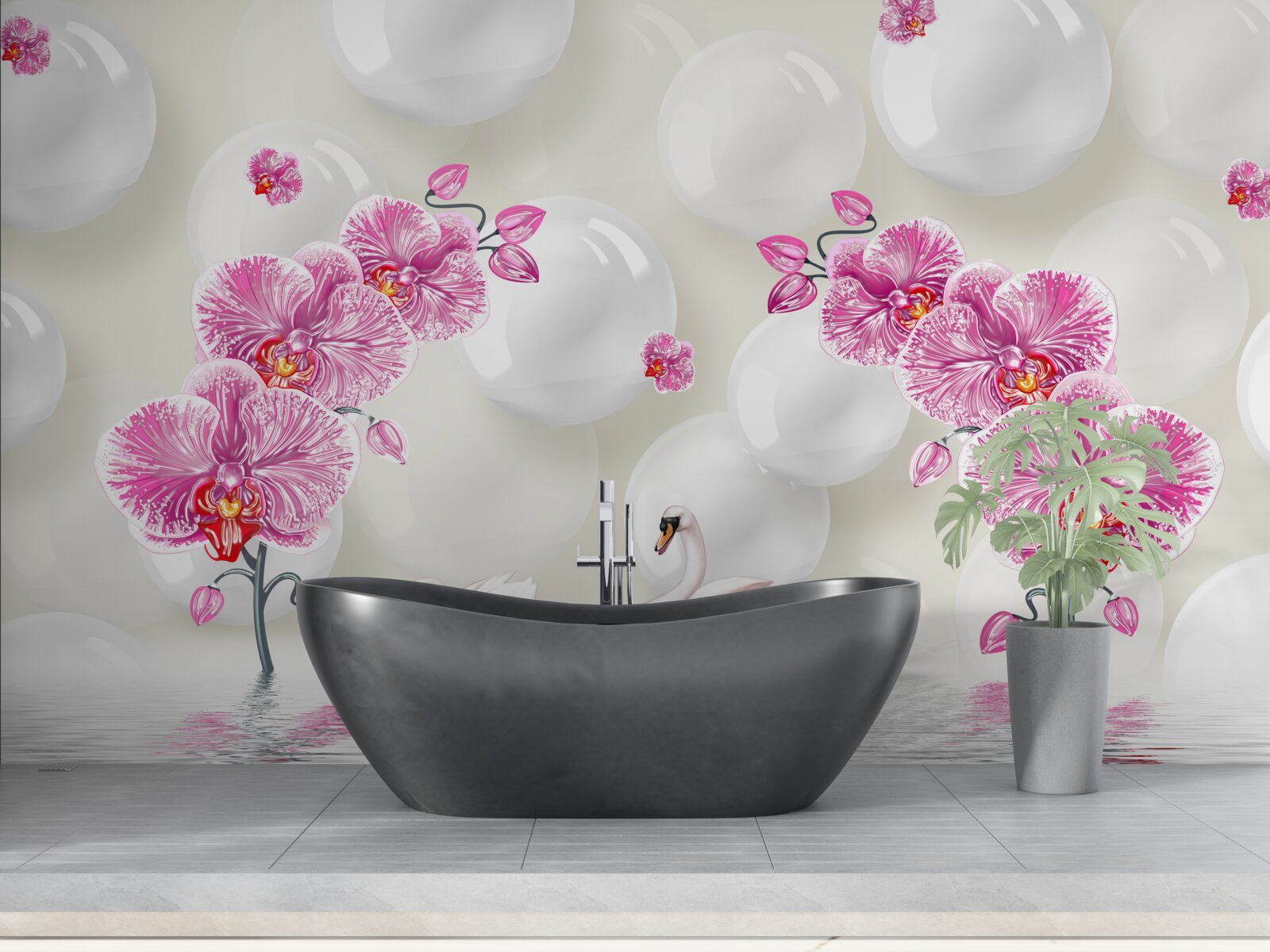 Фотошпалери бузкова магнолія та лебеді, що плавають на озері