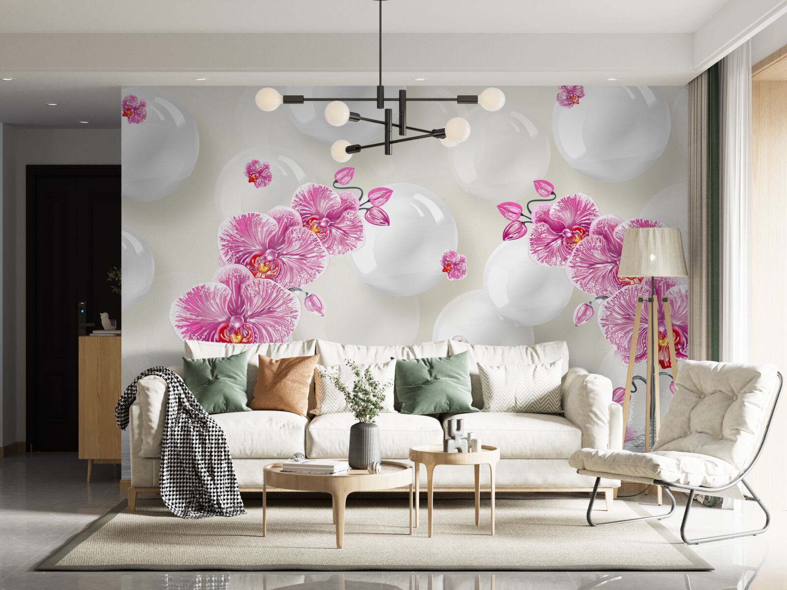 Фотошпалери бузкова магнолія та лебеді, що плавають на озері