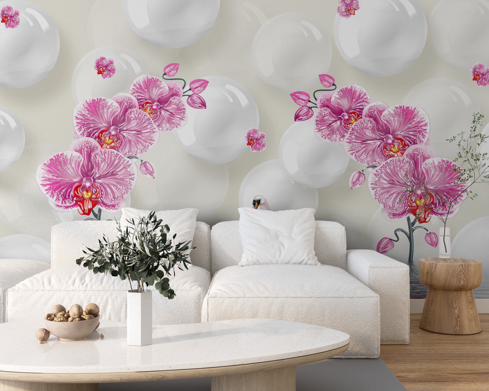 Фотошпалери бузкова магнолія та лебеді, що плавають на озері