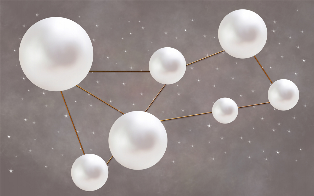 Фотошпалери на сірому тлі розкидані білі кульки, прикрашені золотими лініями