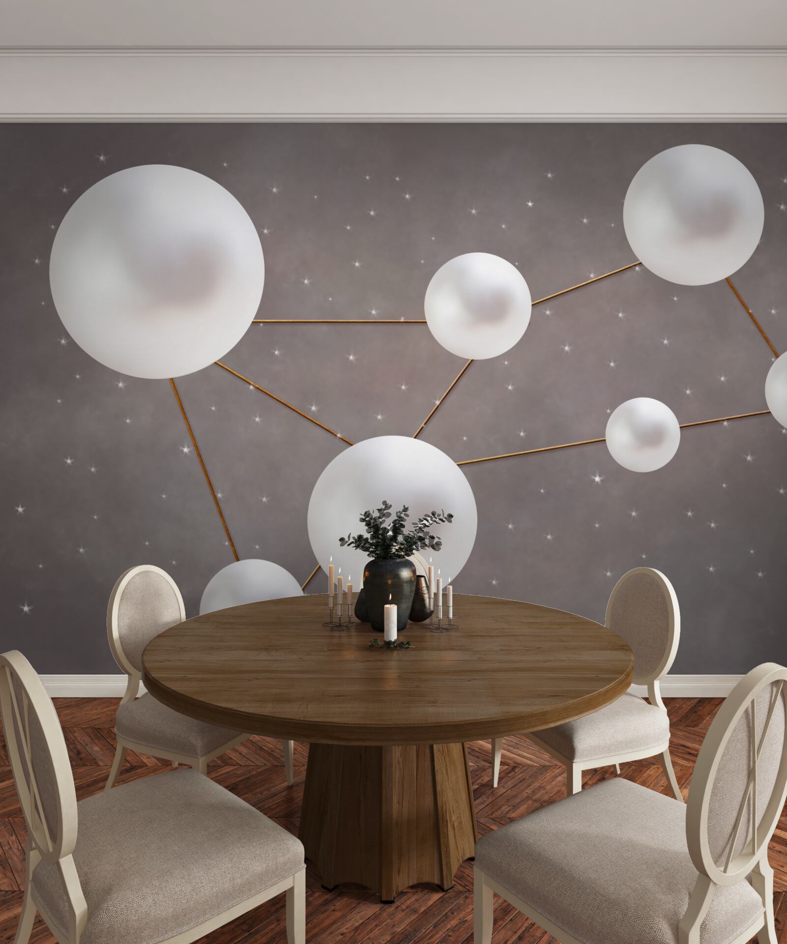 Фотошпалери на сірому тлі розкидані білі кульки, прикрашені золотими лініями