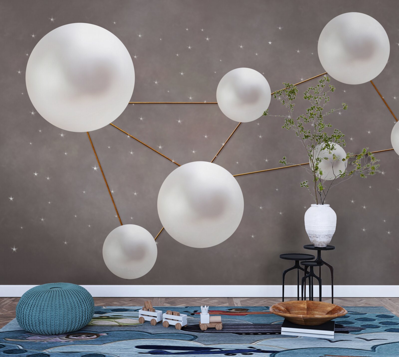 Фотошпалери на сірому тлі розкидані білі кульки, прикрашені золотими лініями