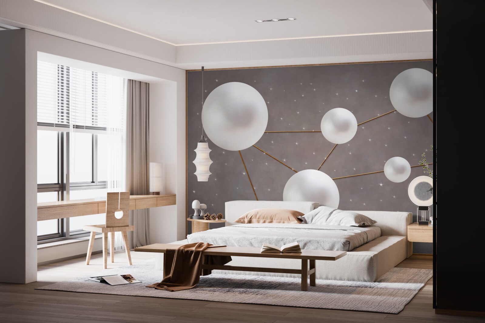 Фотошпалери на сірому тлі розкидані білі кульки, прикрашені золотими лініями