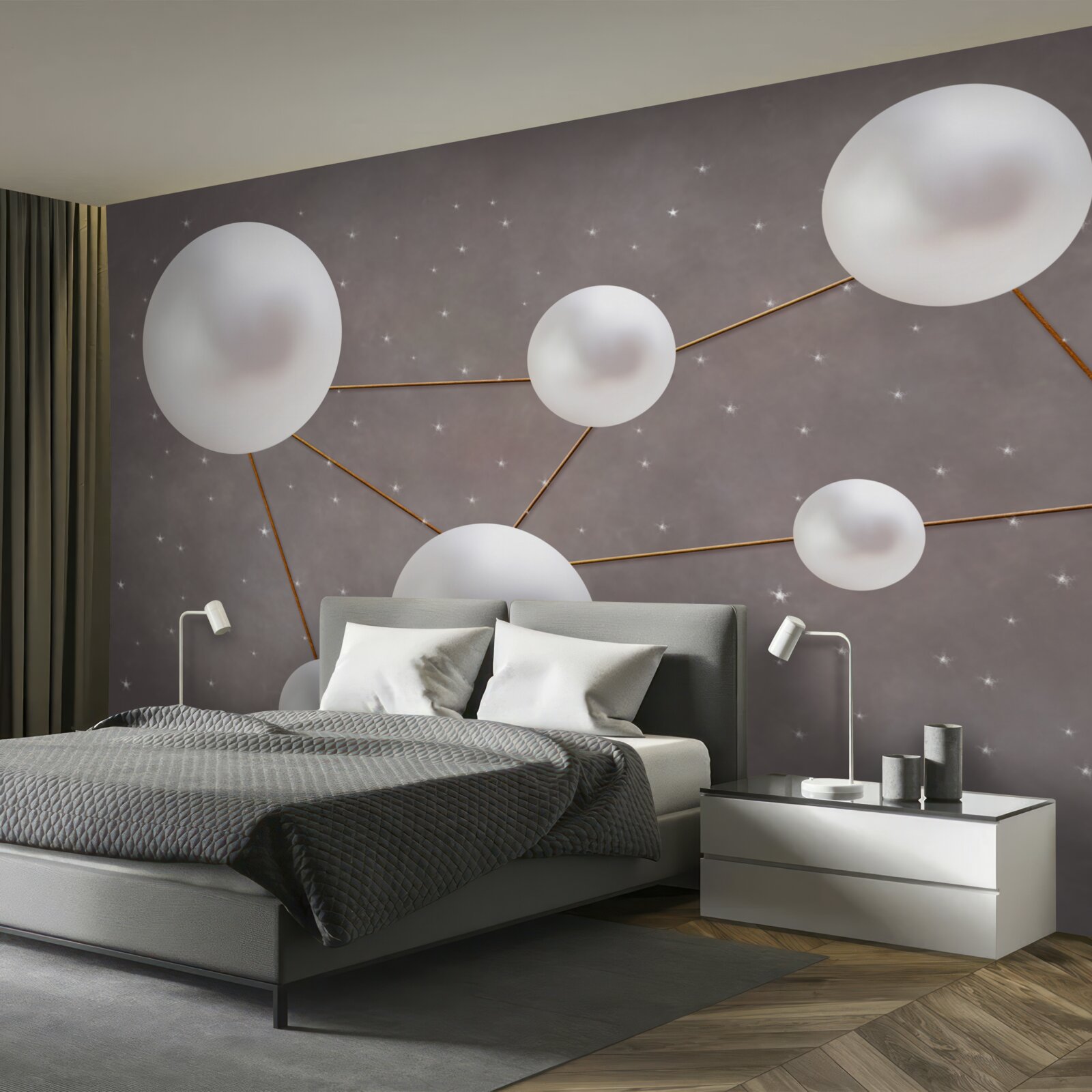 Фотошпалери на сірому тлі розкидані білі кульки, прикрашені золотими лініями