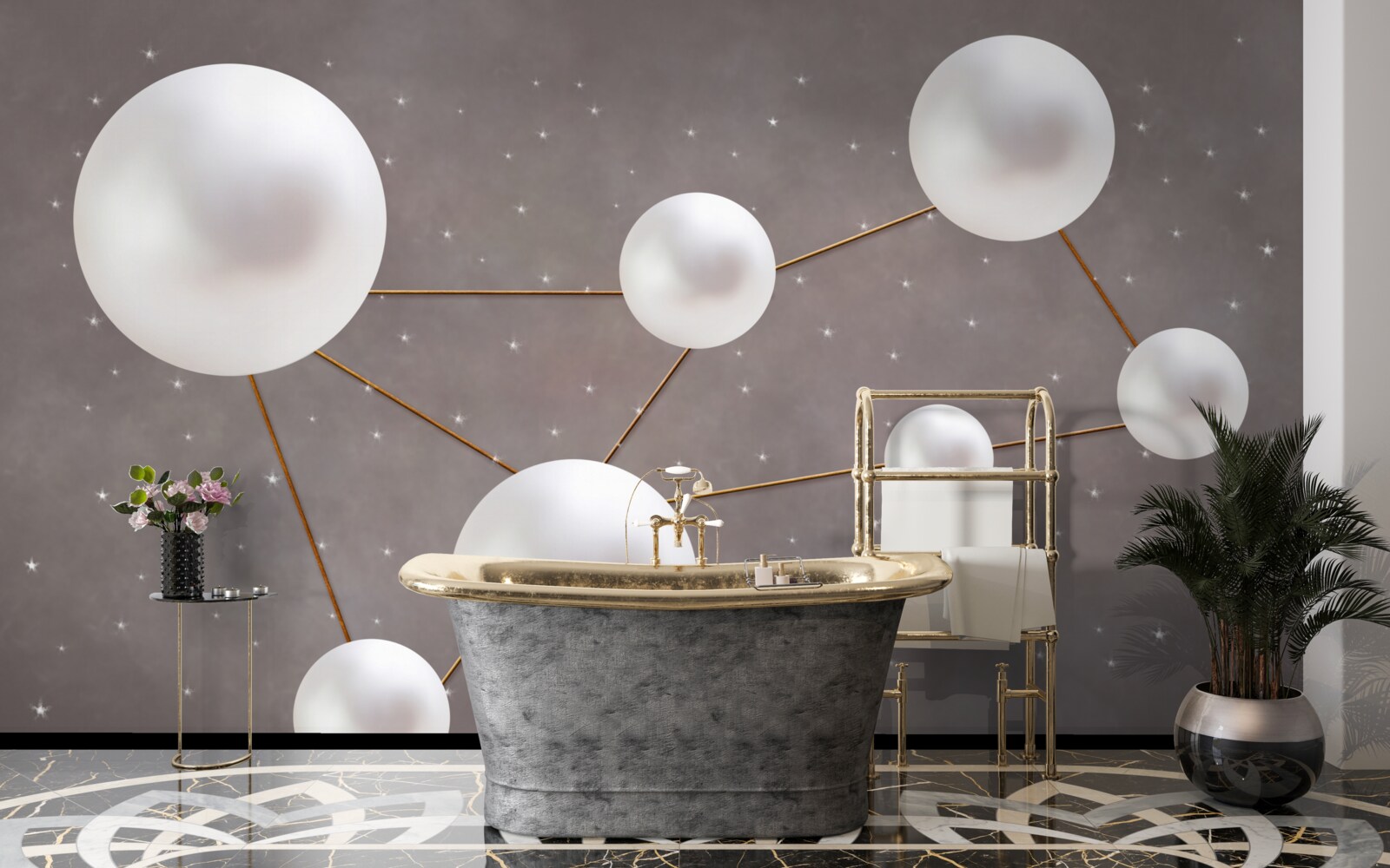 Фотошпалери на сірому тлі розкидані білі кульки, прикрашені золотими лініями