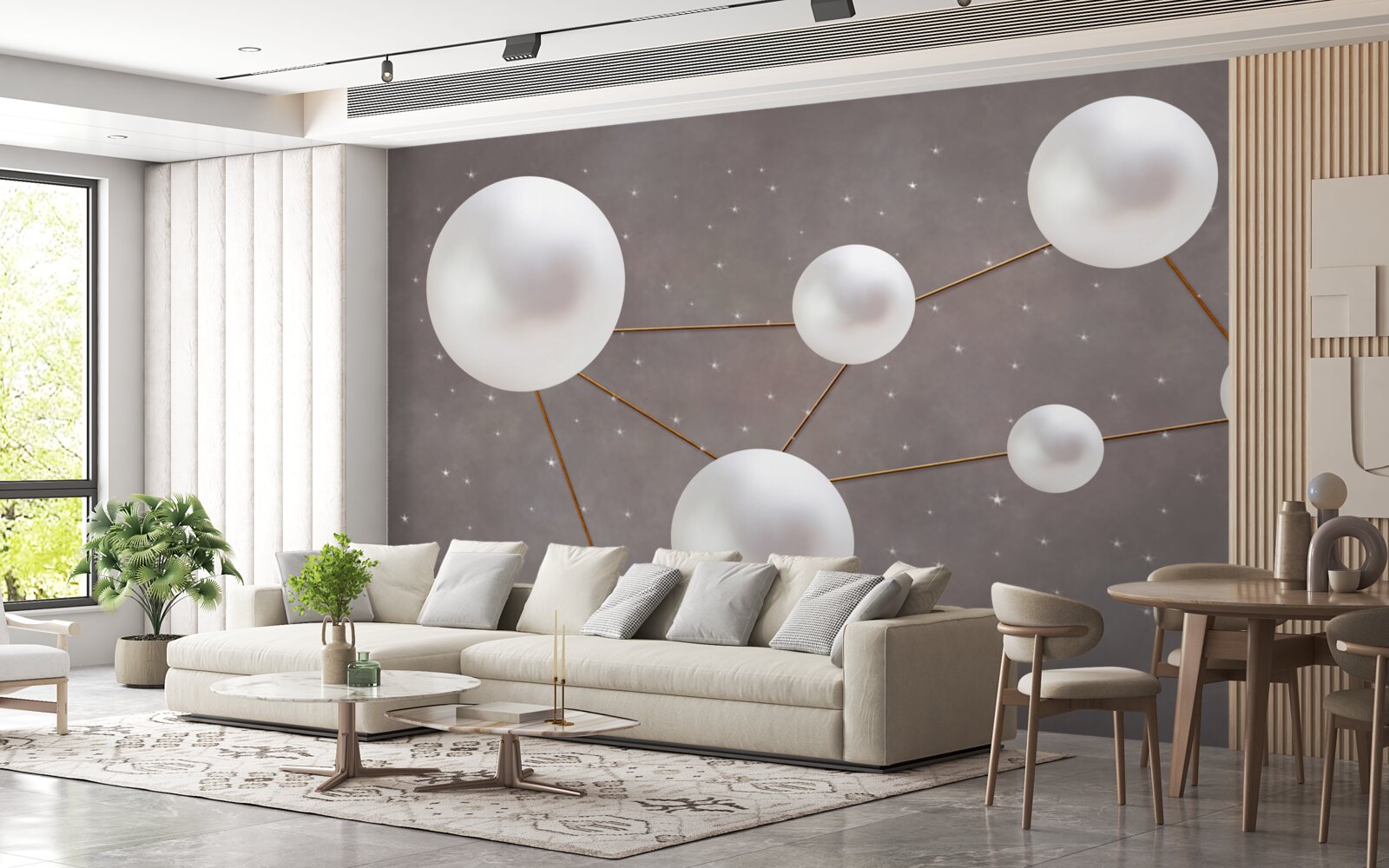 Фотошпалери на сірому тлі розкидані білі кульки, прикрашені золотими лініями