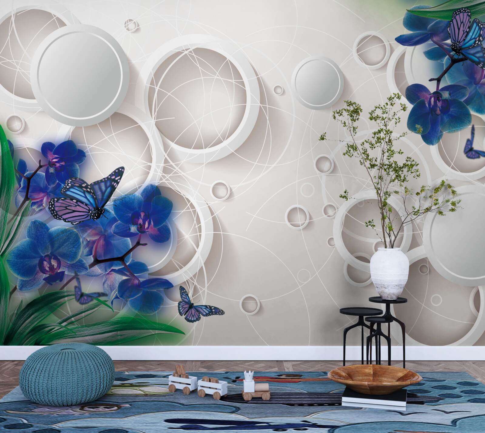 Фотошпалери геометричне тло прикрашене гілками блакитної орхідеї