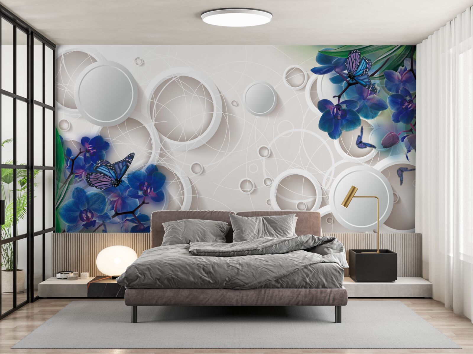 Фотошпалери геометричне тло прикрашене гілками блакитної орхідеї