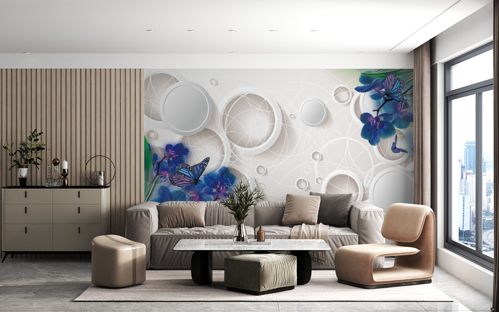 Фотошпалери геометричне тло прикрашене гілками блакитної орхідеї