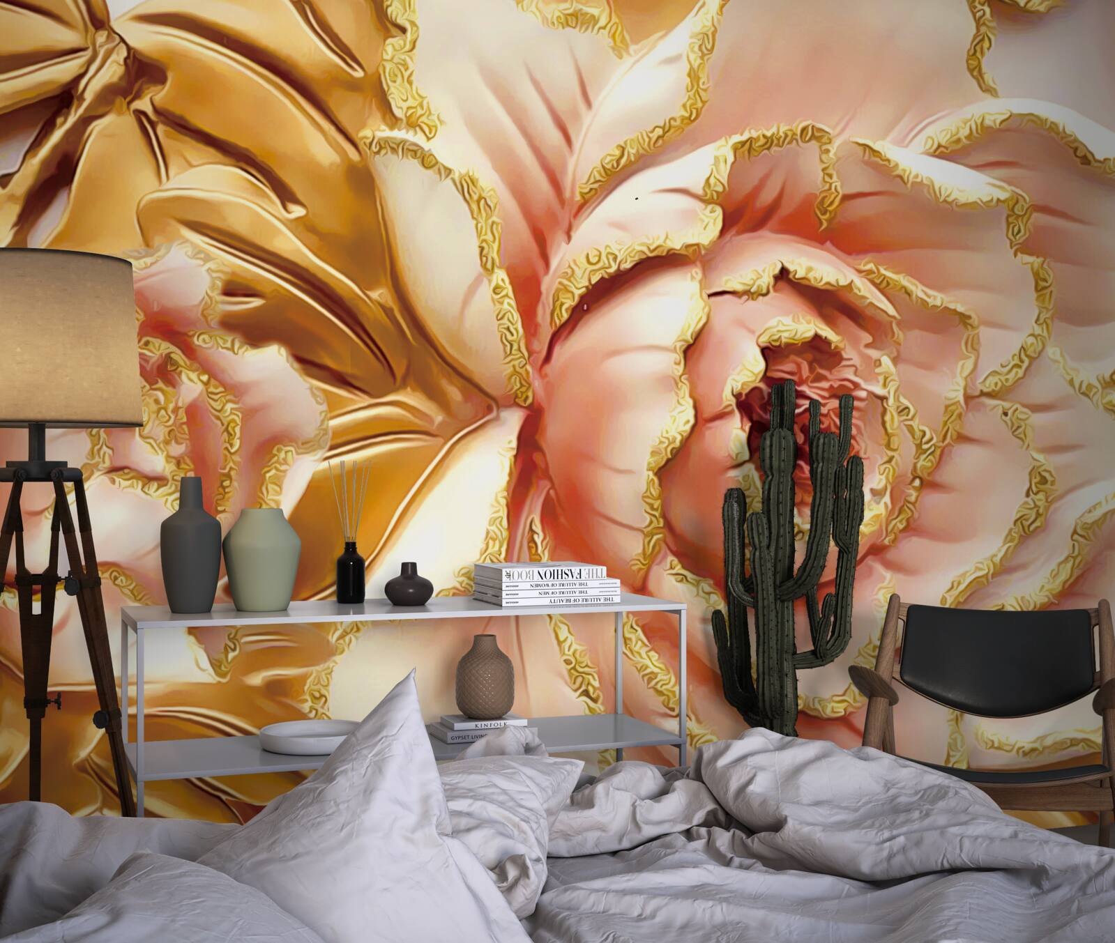 Фотошпалери квітуча півонія з золотистим листям