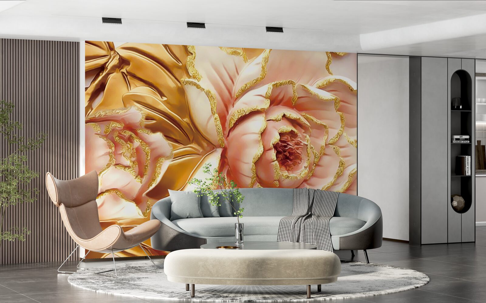 Фотошпалери квітуча півонія з золотистим листям