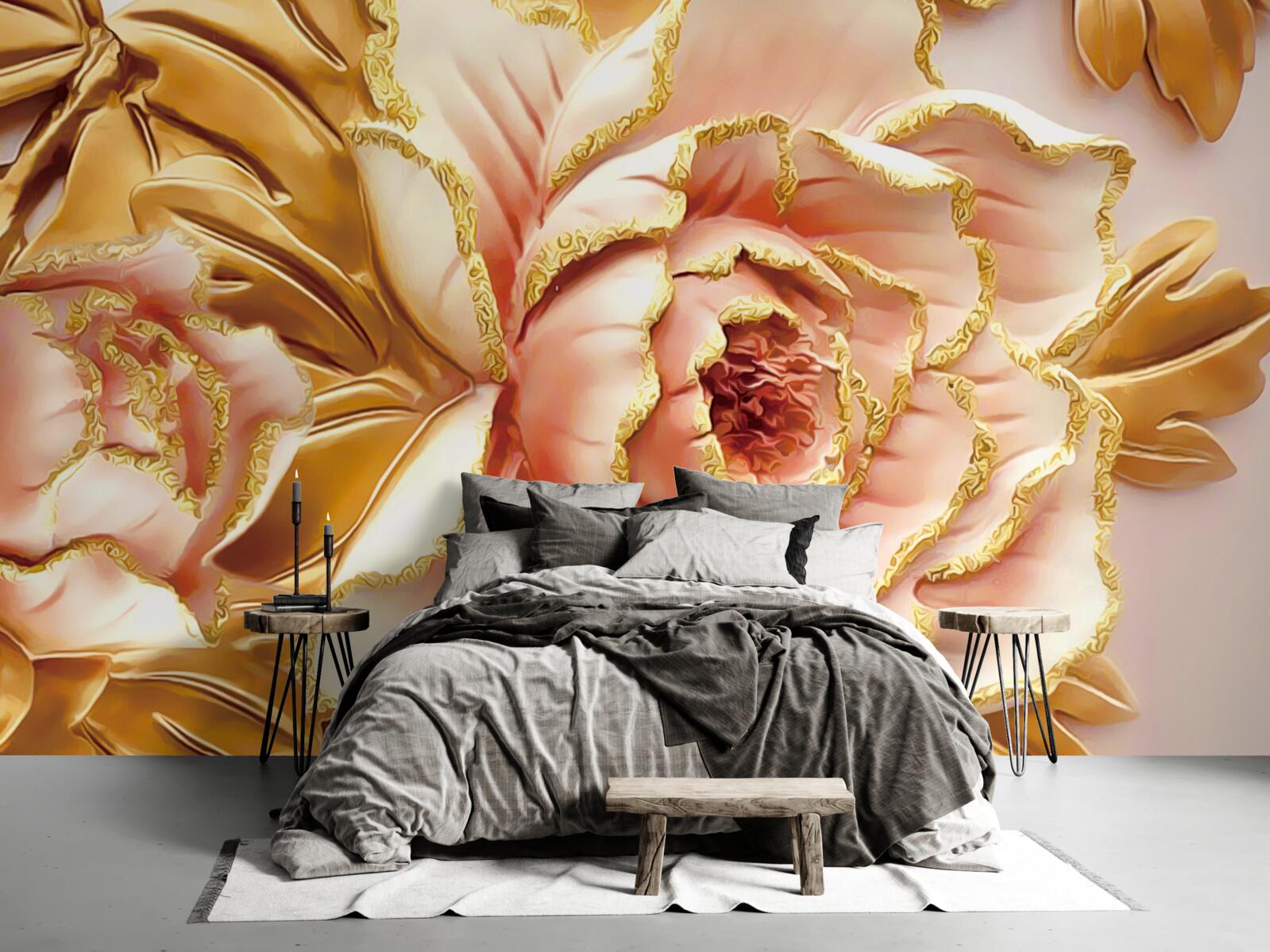 Фотошпалери квітуча півонія з золотистим листям