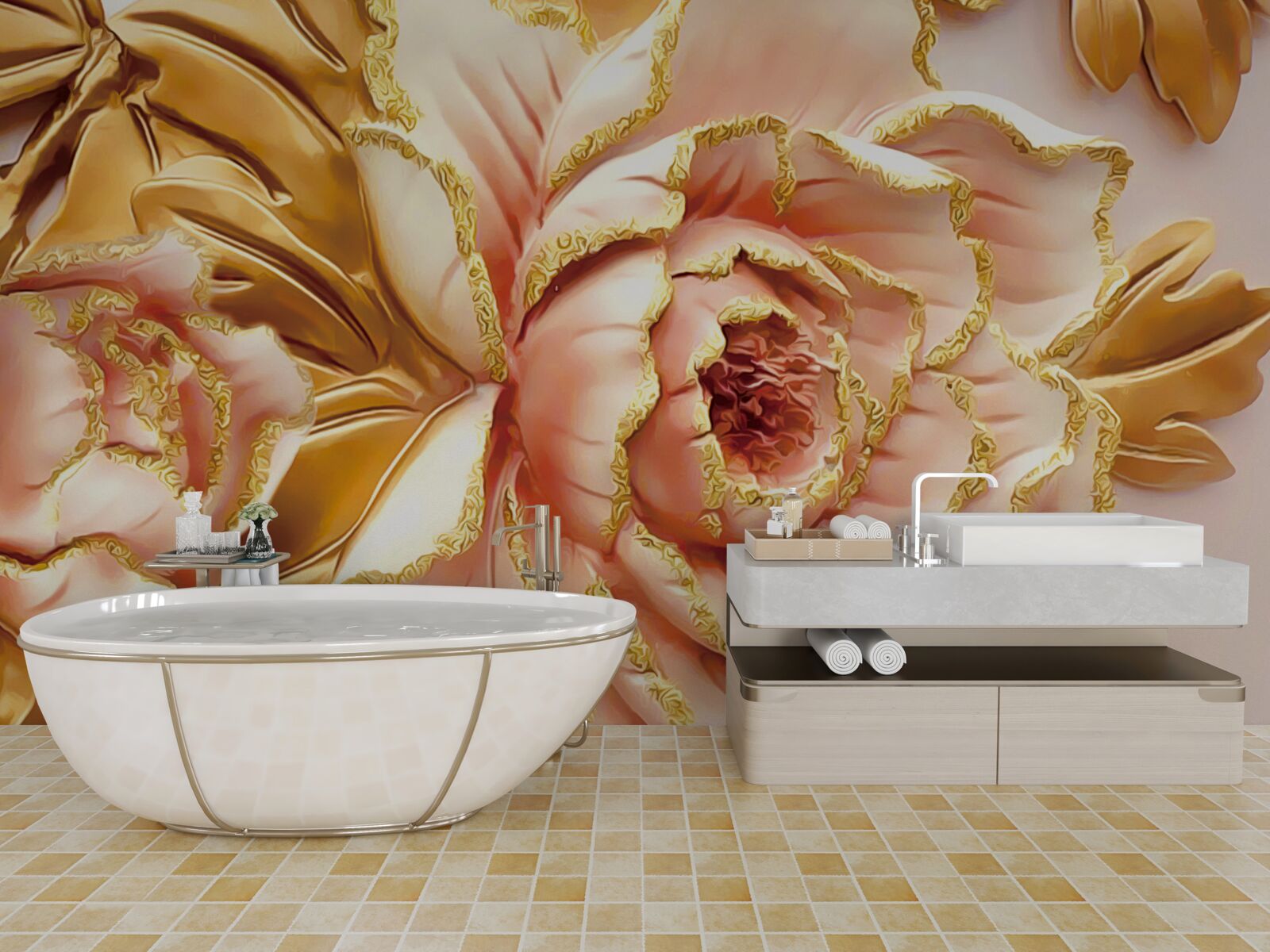 Фотошпалери квітуча півонія з золотистим листям