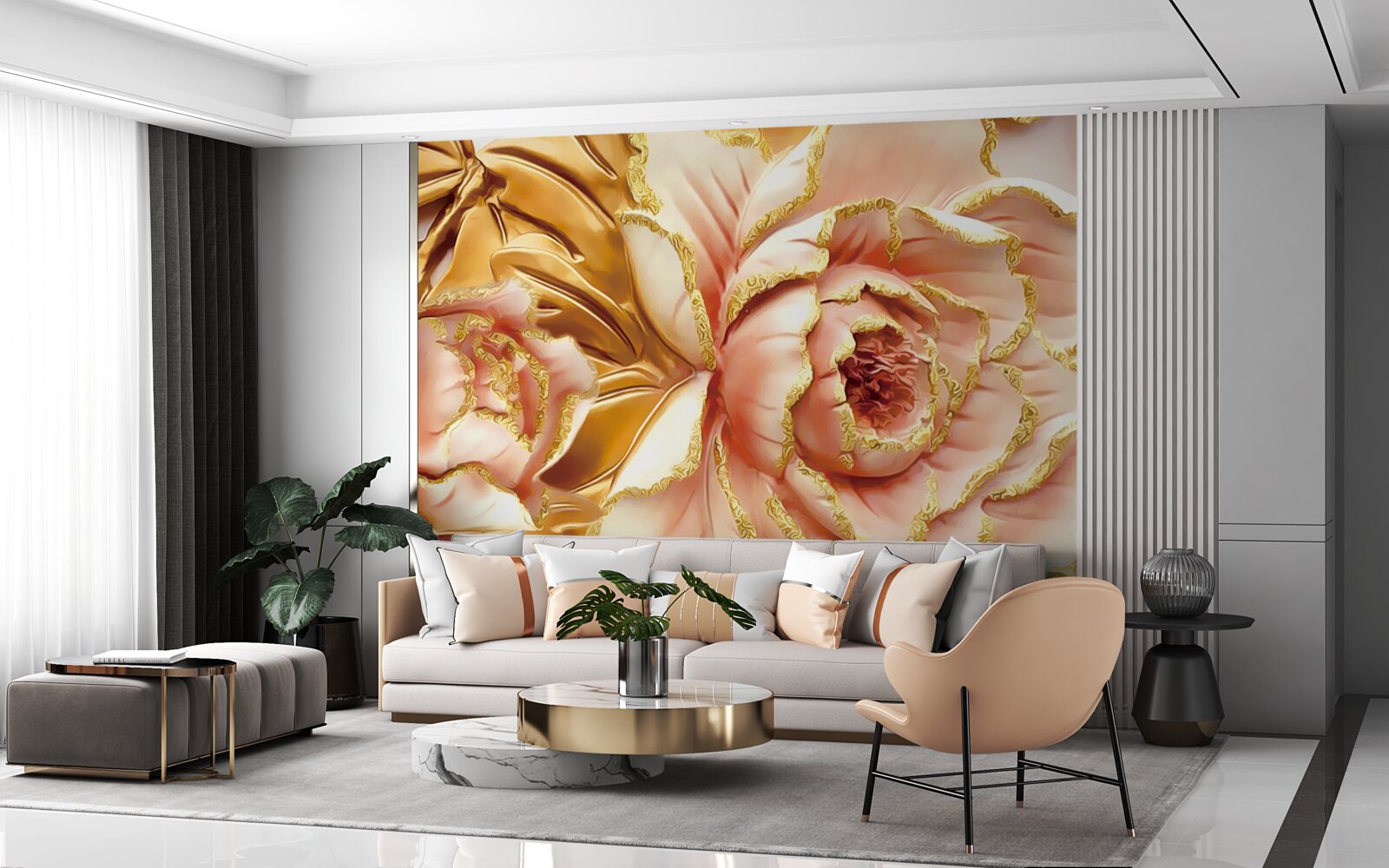 Фотошпалери квітуча півонія з золотистим листям