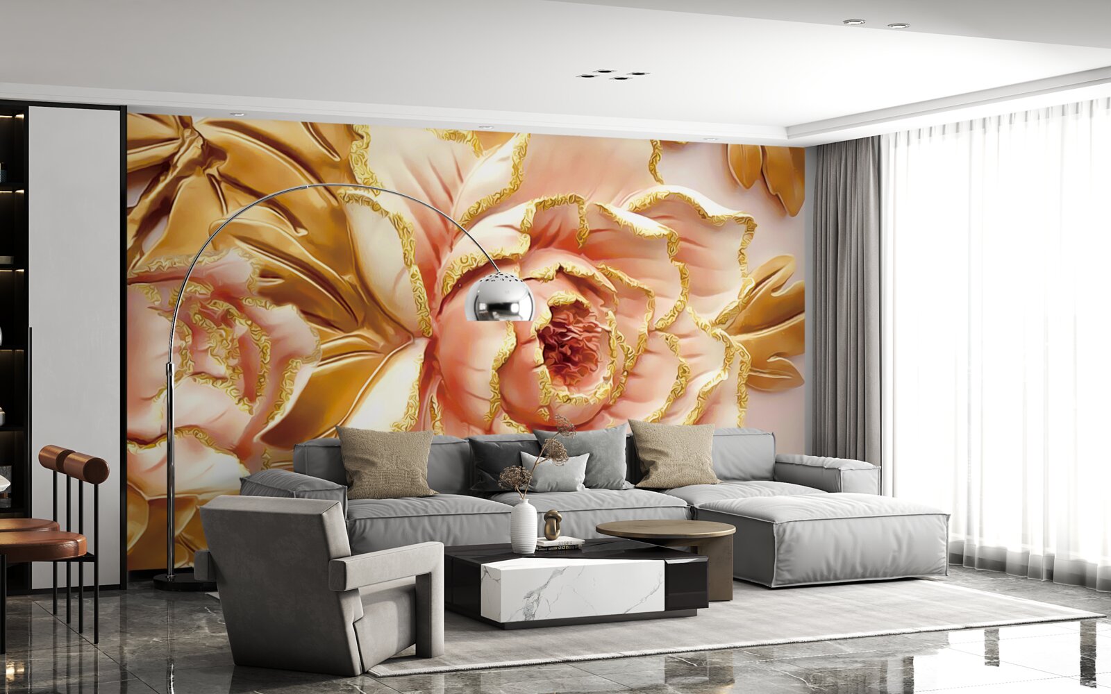 Фотошпалери квітуча півонія з золотистим листям