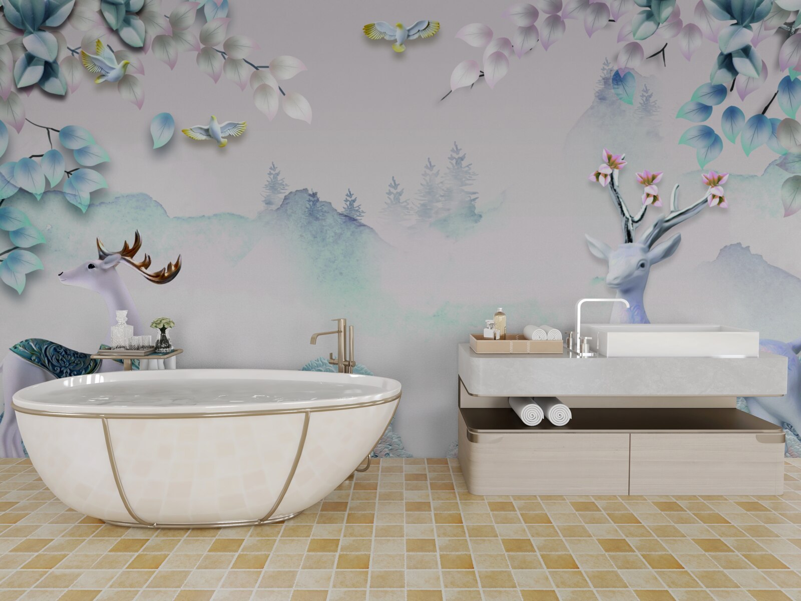 Фотошпалери олені блукають у густому тумані