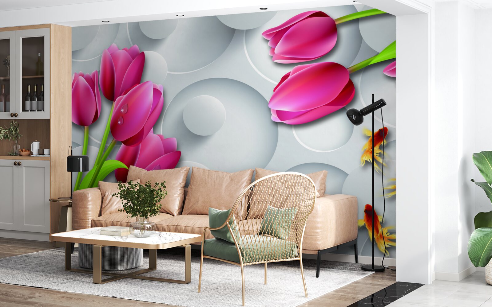 Фотошпалери метелики та букети червоних тюльпанів