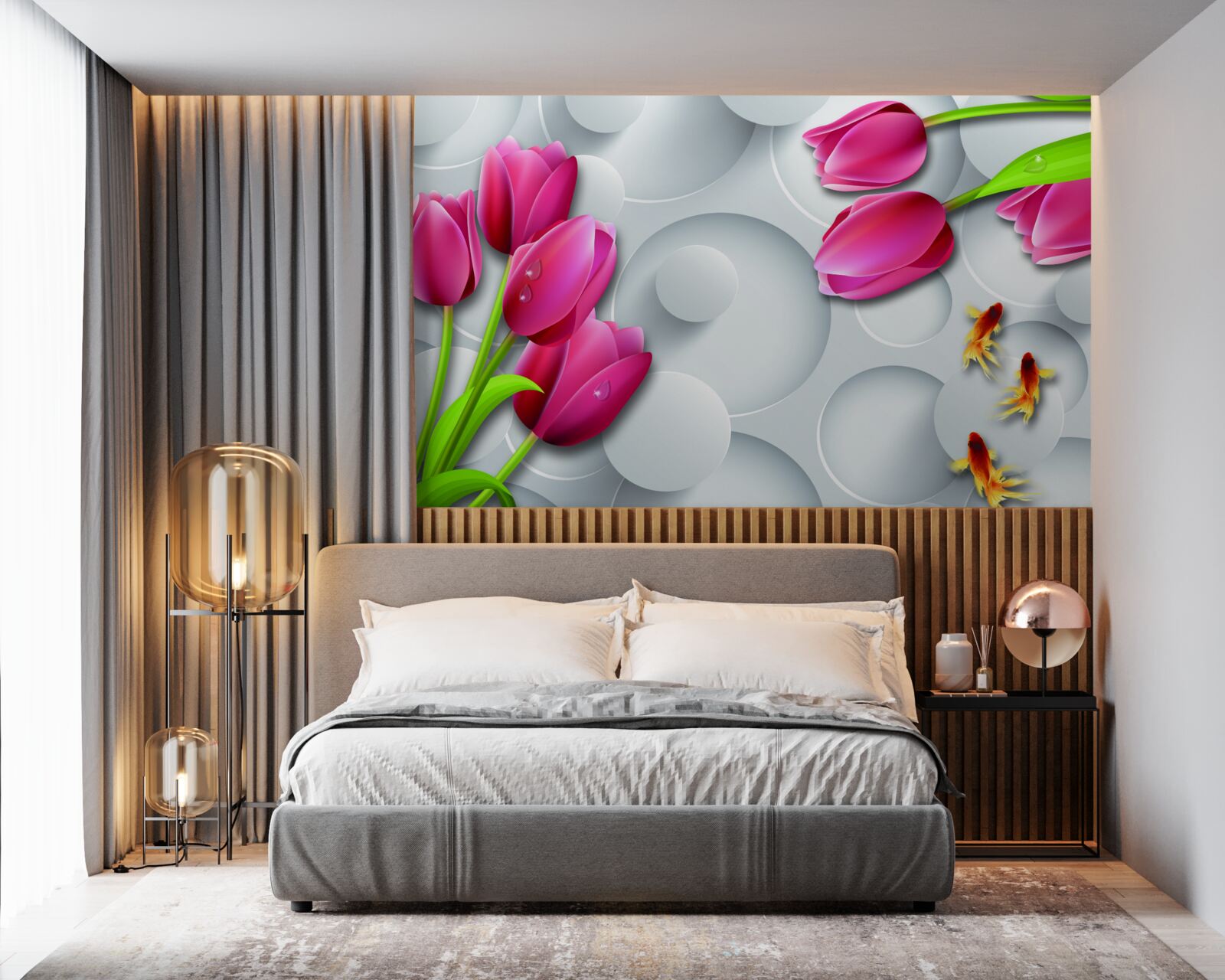 Фотошпалери метелики та букети червоних тюльпанів