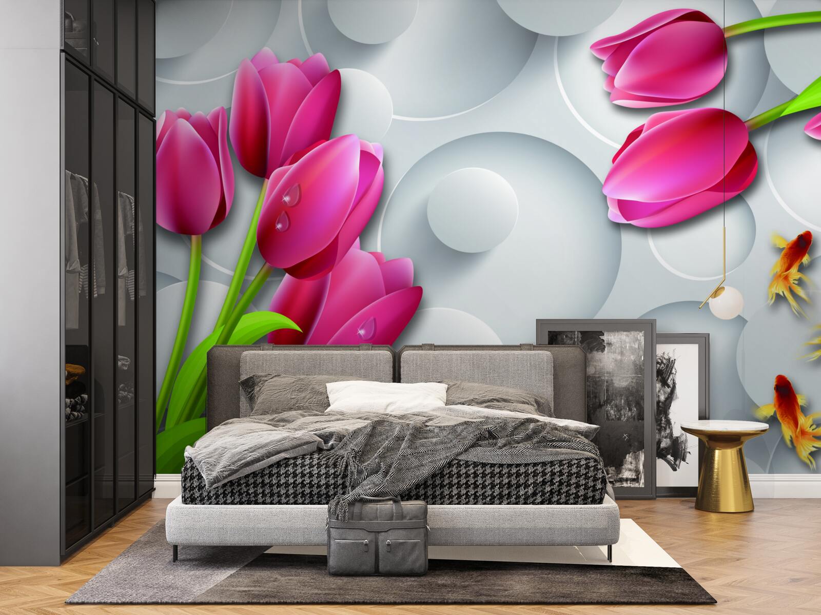 Фотошпалери метелики та букети червоних тюльпанів