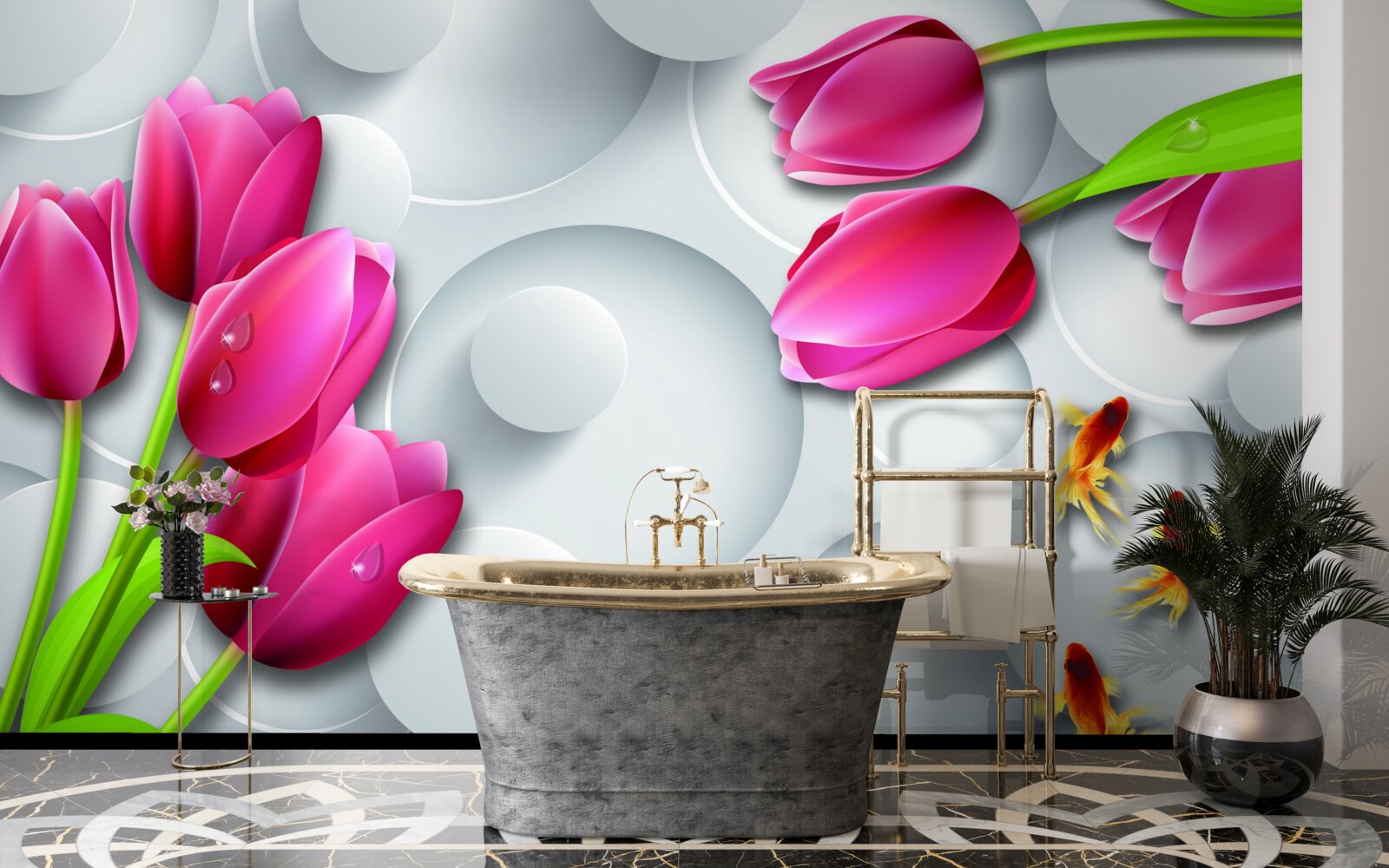 Фотошпалери метелики та букети червоних тюльпанів