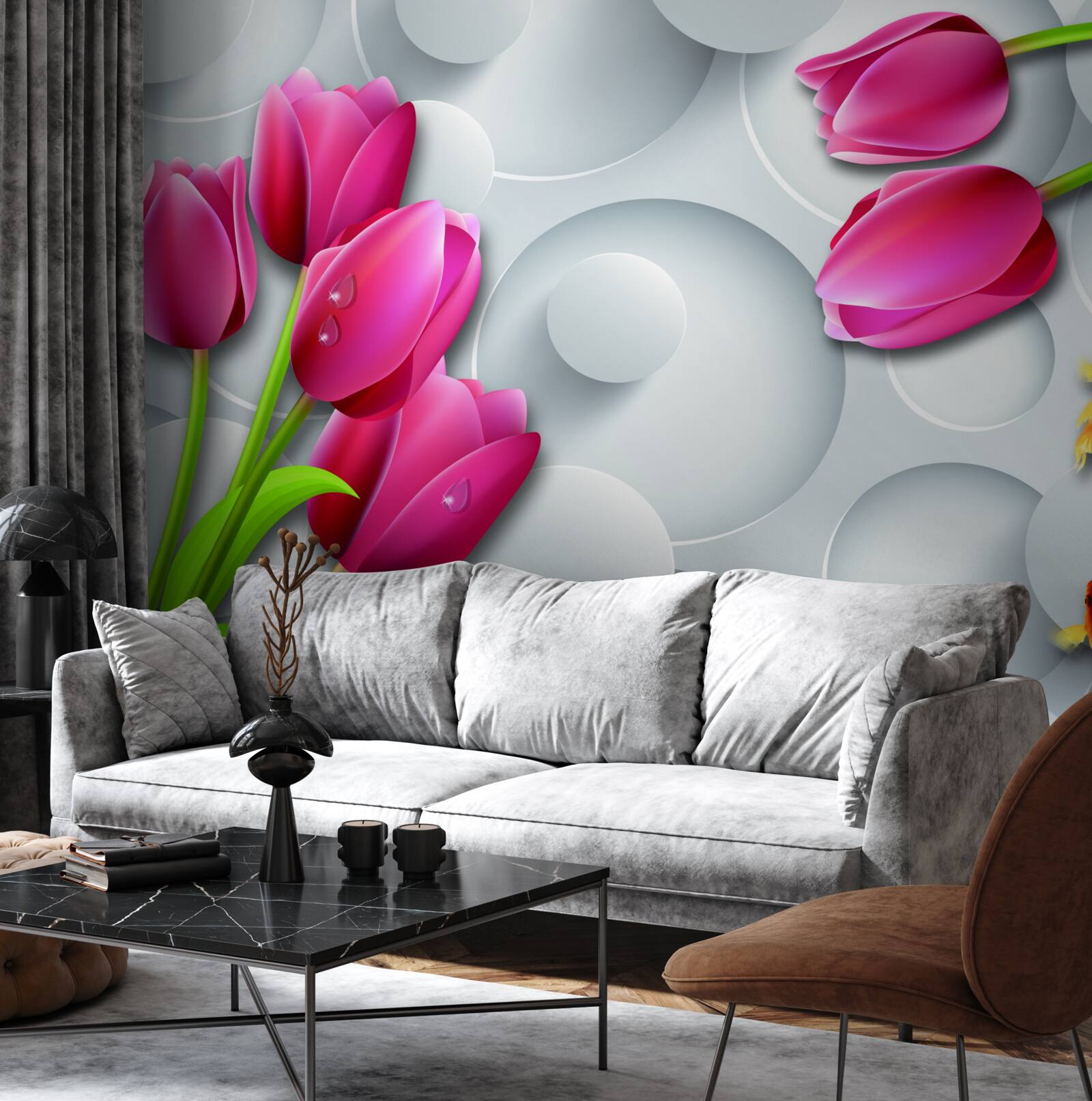 Фотошпалери метелики та букети червоних тюльпанів