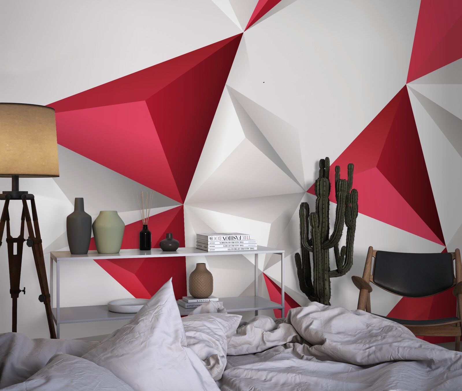 Фотошпалери білі та червоні трикутники з об'ємом