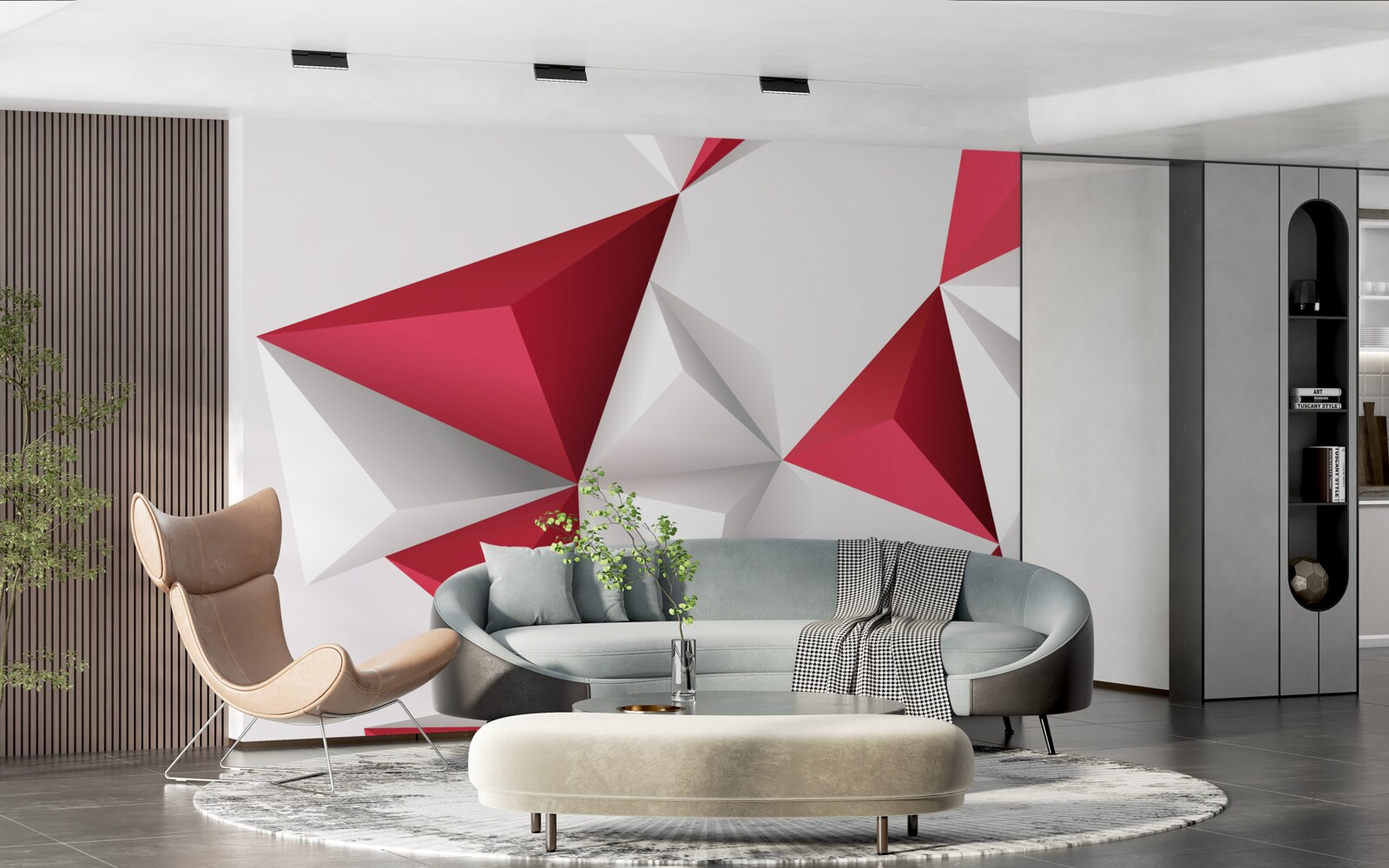 Фотошпалери білі та червоні трикутники з об'ємом