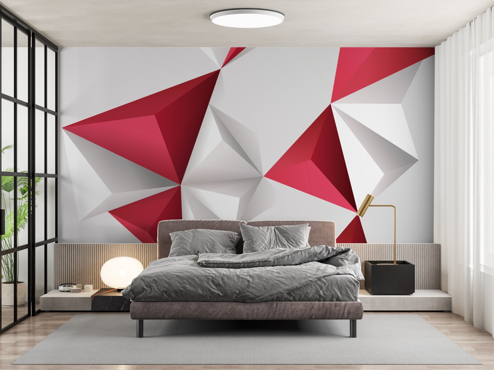 Фотошпалери білі та червоні трикутники з об'ємом