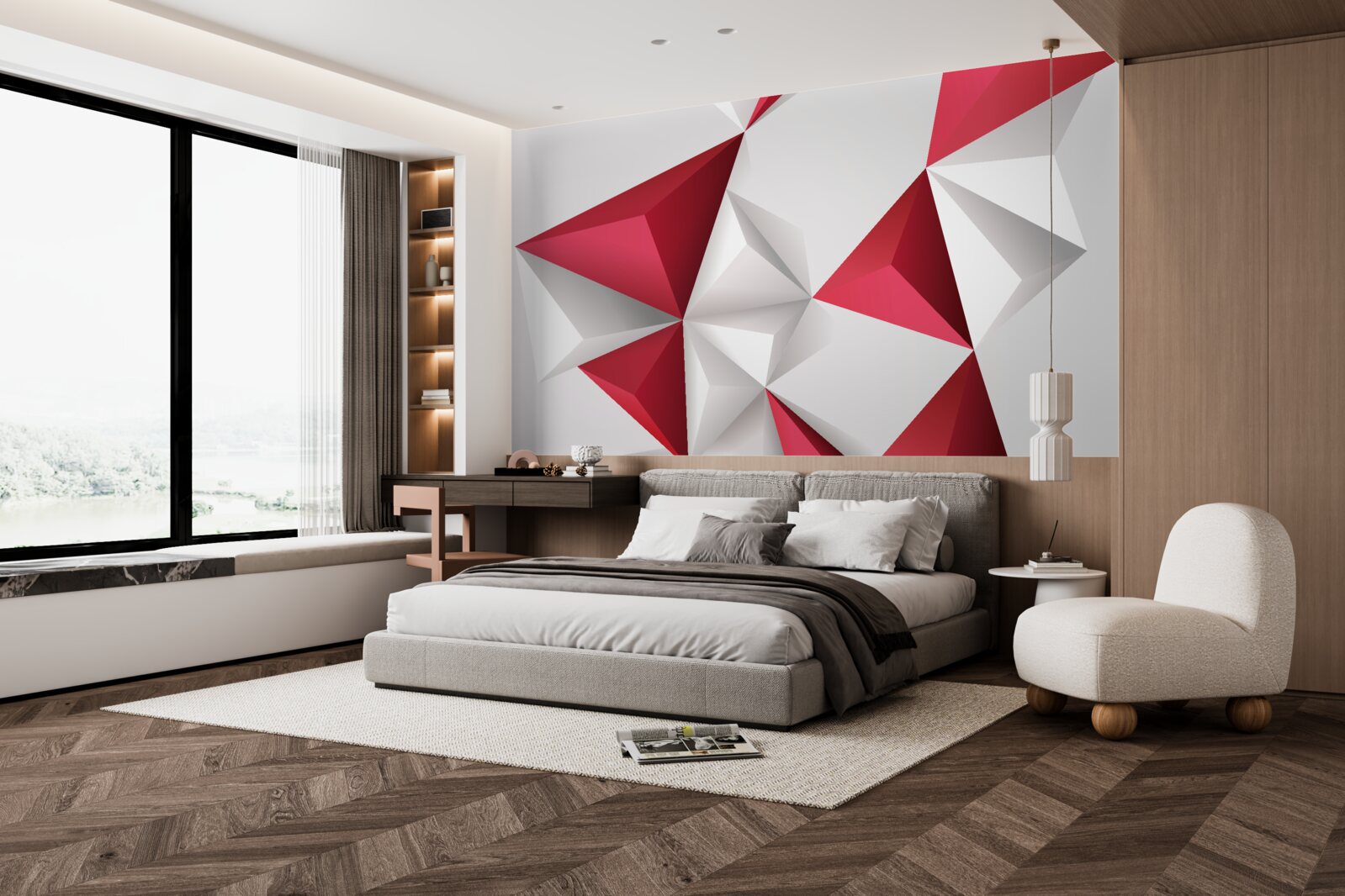 Фотошпалери білі та червоні трикутники з об'ємом