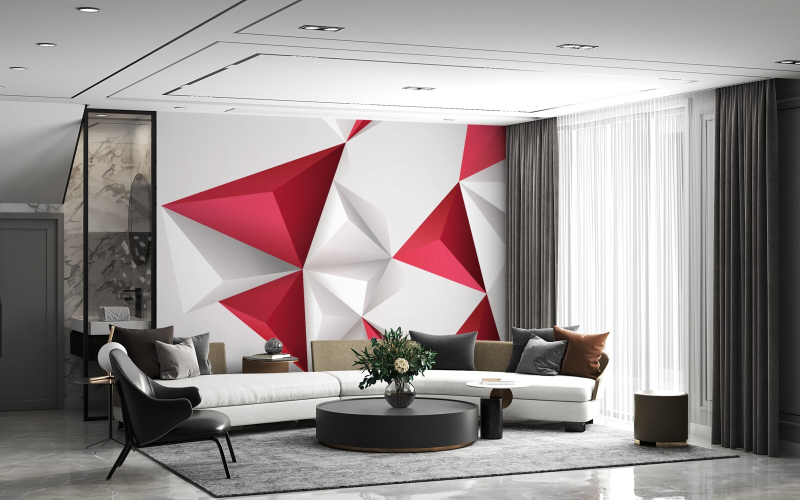 Фотошпалери білі та червоні трикутники з об'ємом