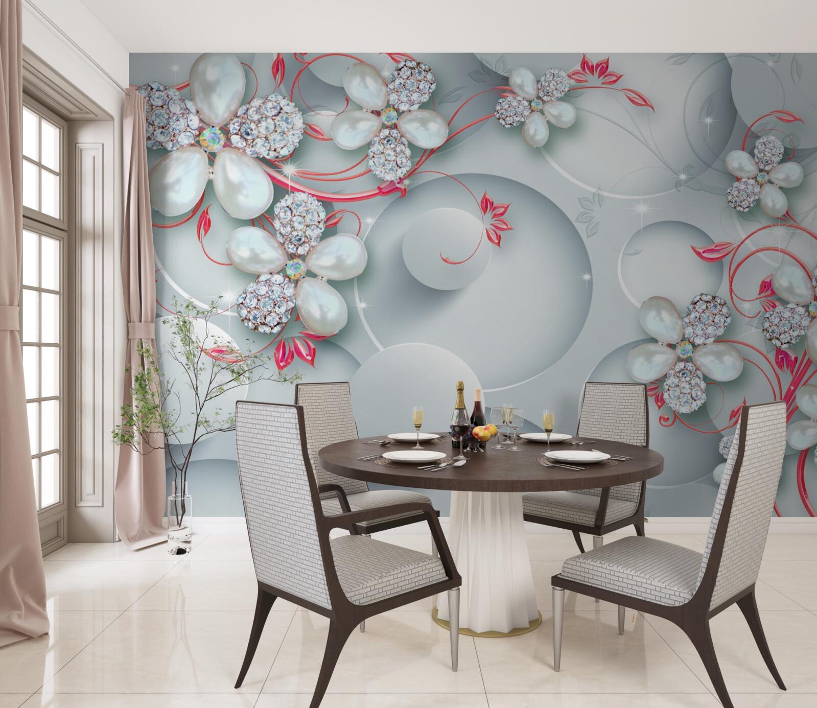 Фотошпалери Квіти в білих тонах з елементами перлів та страз