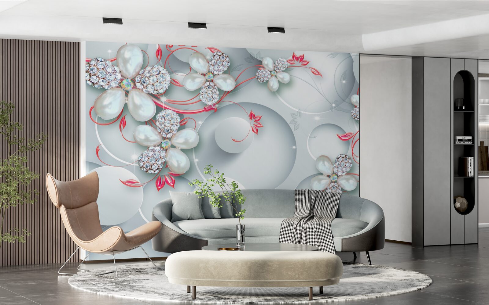 Фотошпалери Квіти в білих тонах з елементами перлів та страз