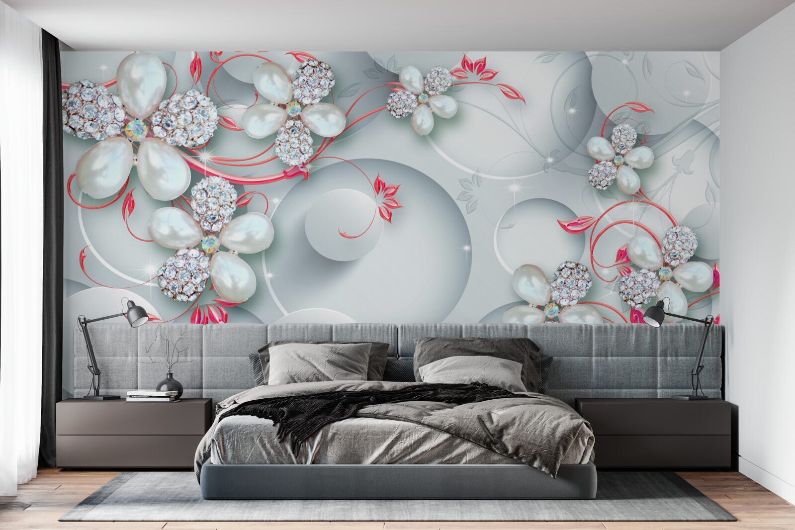 Фотошпалери Квіти в білих тонах з елементами перлів та страз