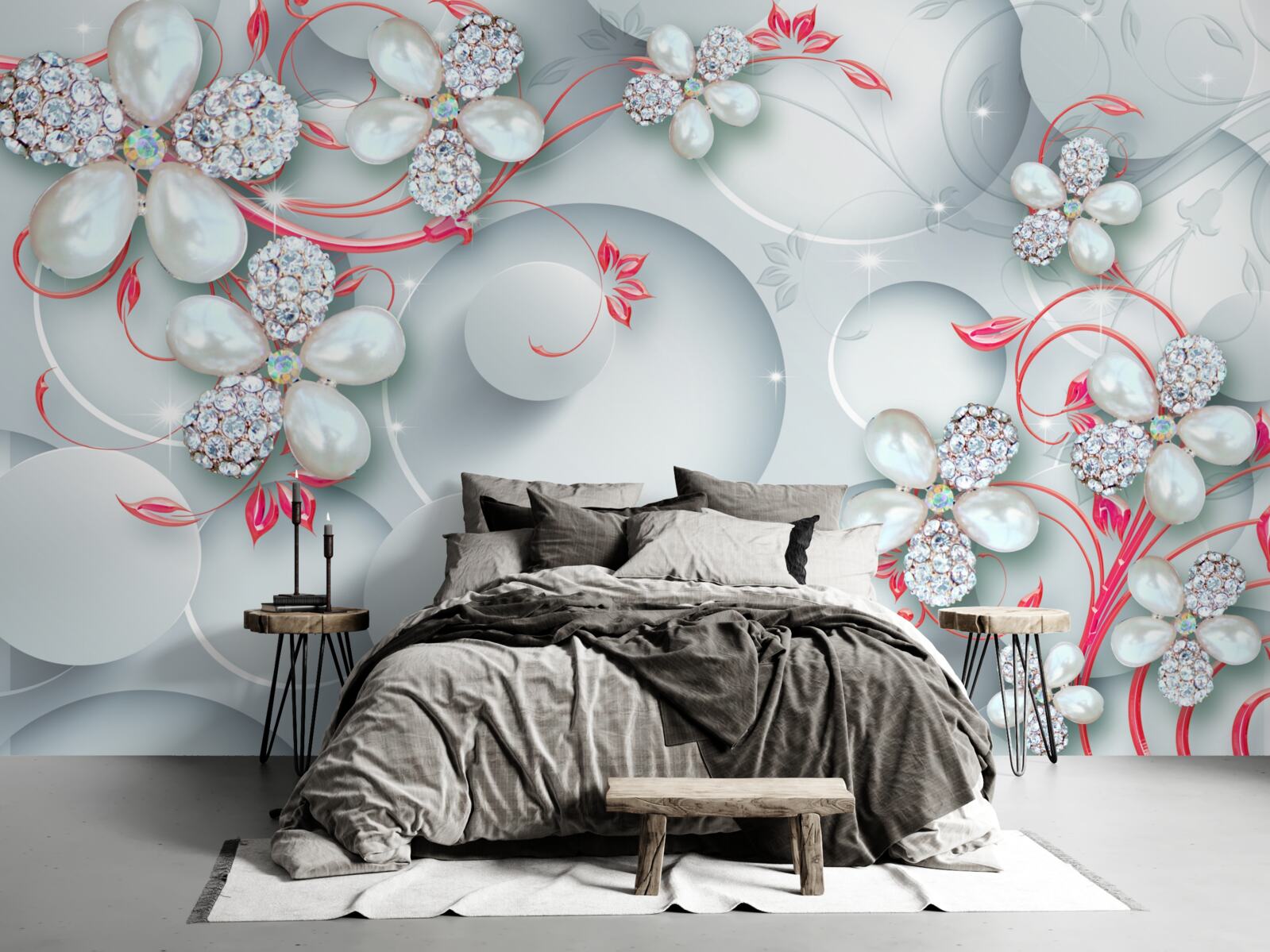 Фотошпалери Квіти в білих тонах з елементами перлів та страз