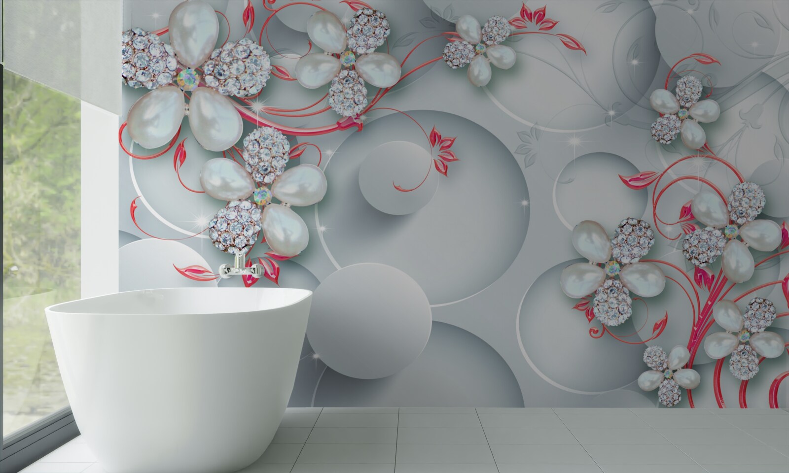 Фотошпалери Квіти в білих тонах з елементами перлів та страз