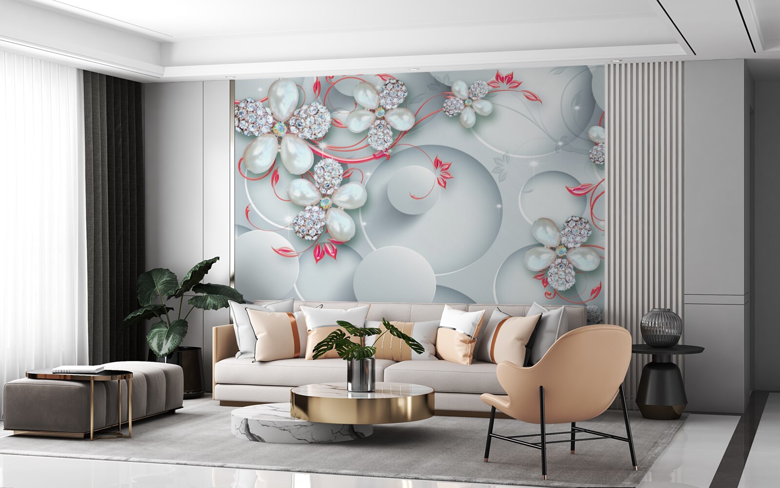 Фотошпалери Квіти в білих тонах з елементами перлів та страз