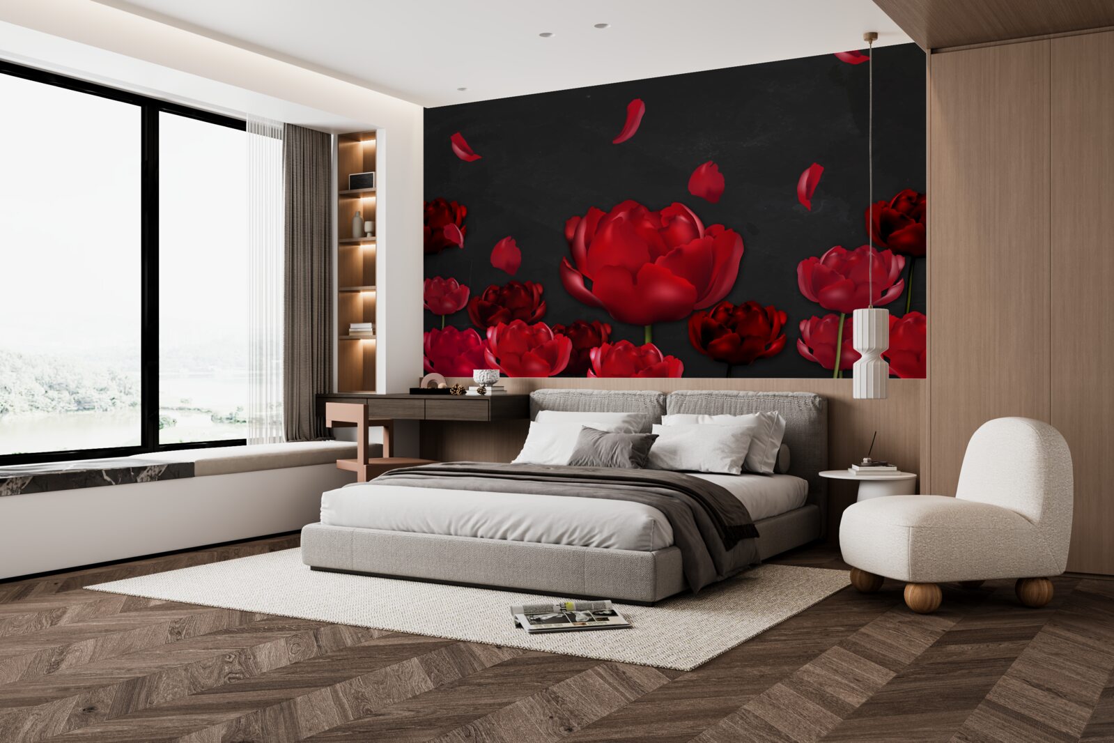 Фотошпалери червоні опадаючі троянди