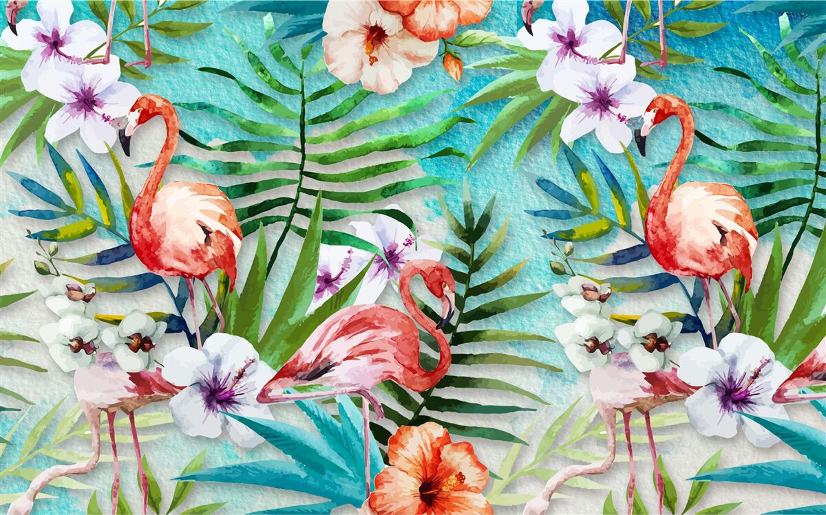 Фотошпалери листя оточені рожевими фламінго