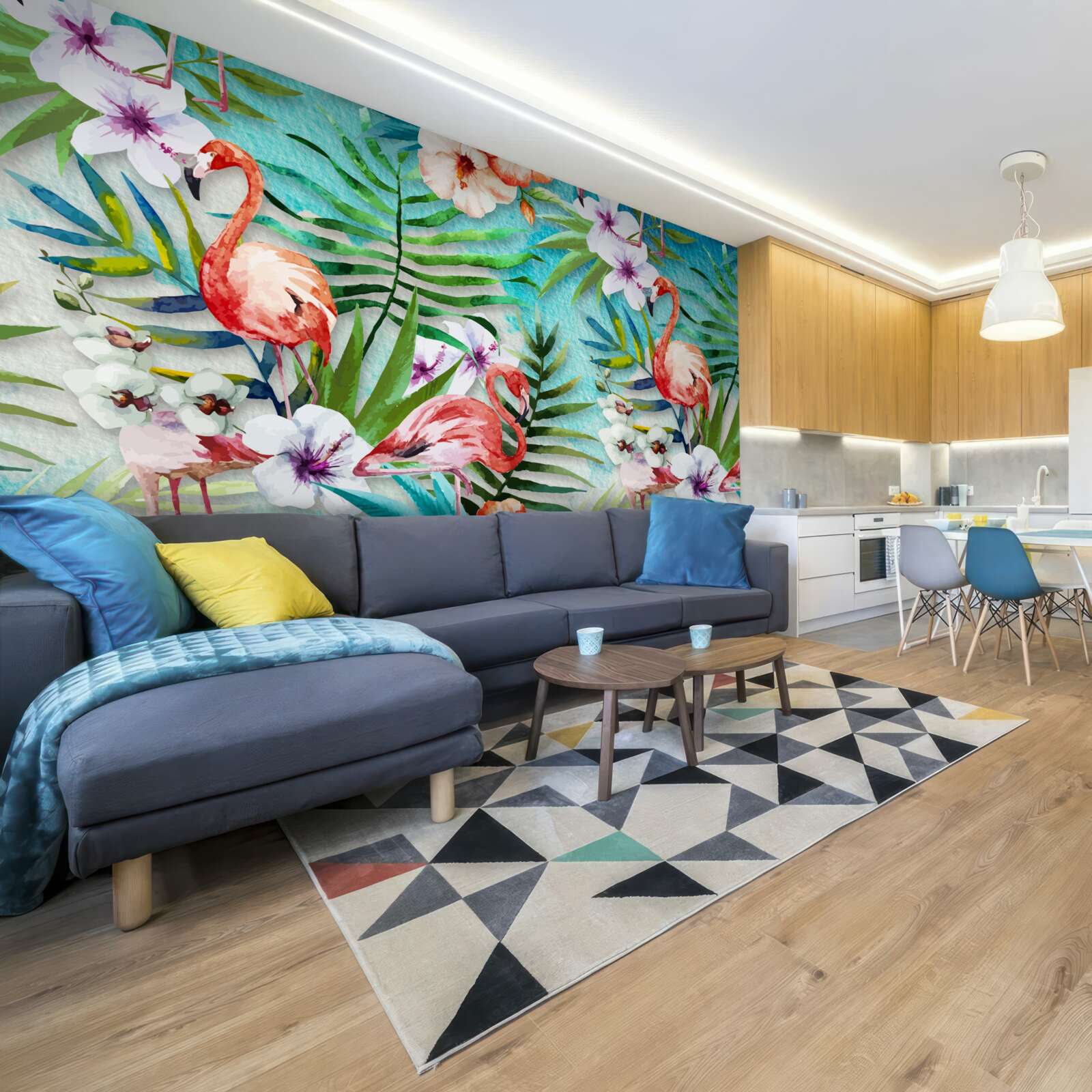 Фотошпалери листя оточені рожевими фламінго