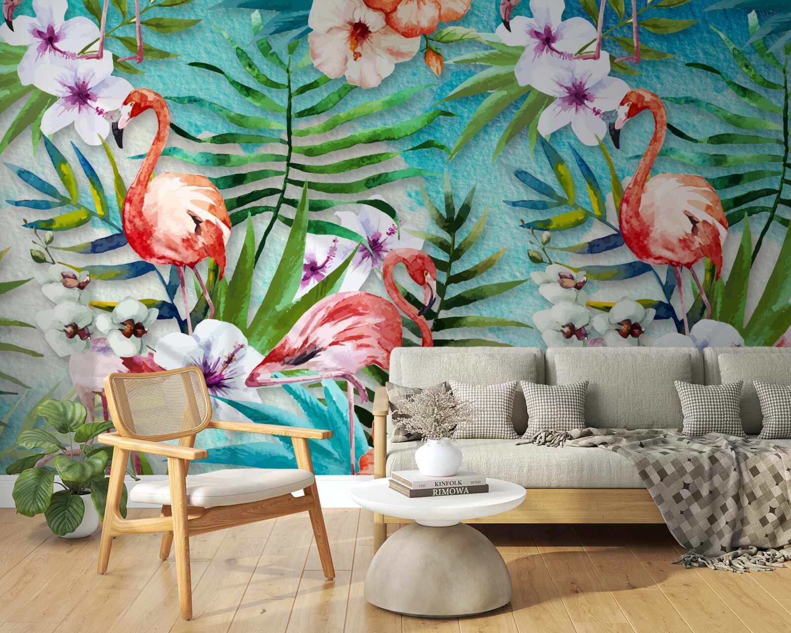 Фотошпалери листя оточені рожевими фламінго