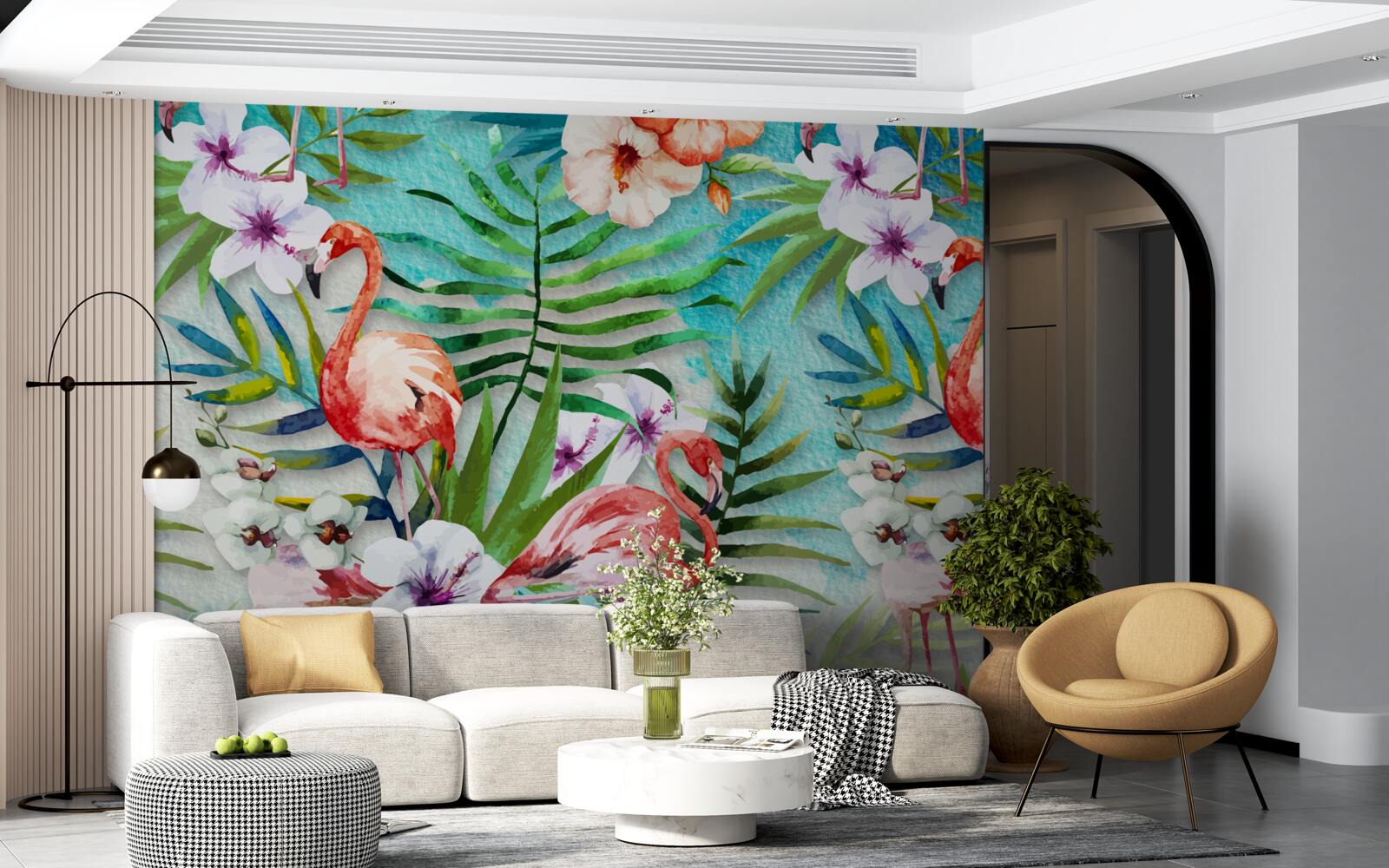 Фотошпалери листя оточені рожевими фламінго