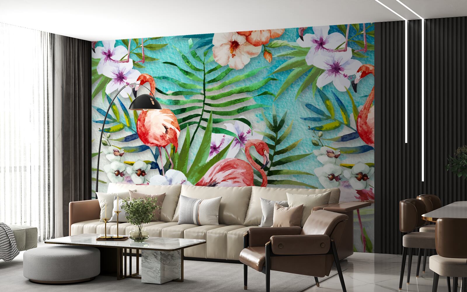 Фотошпалери листя оточені рожевими фламінго