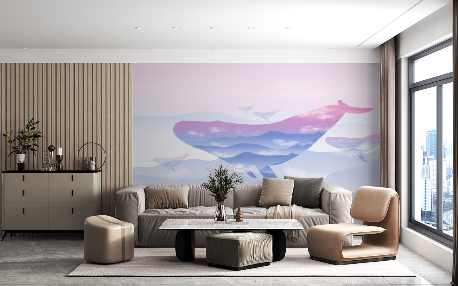 Фотошпалери кит ковзає серед хмар